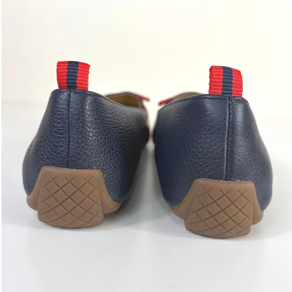 Talbots Francesca Driving Moccasin Grosgrain Bow Navy Red Size 7.5 AA NWOT Prep